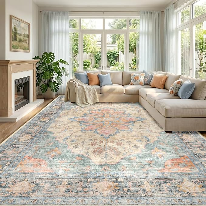 RELEANY Area Rugs Large 10'x12' Washable Non-Slip, Floral Vintage Distress by RELEANY