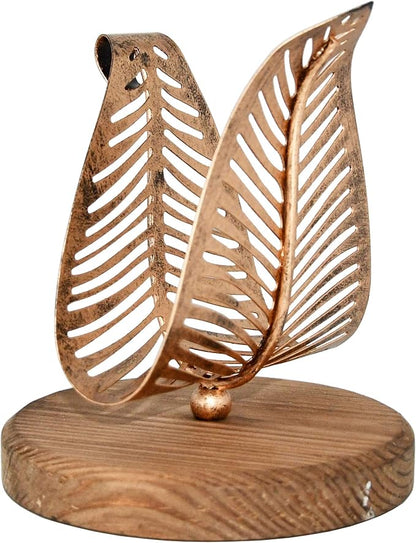 OwlGift Freestanding Modern Napkin Holder w/Bronze Metal Leaf & Brown Wooden by Owlgift