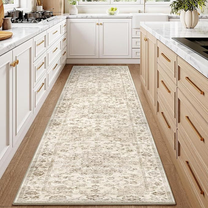2'6x12 Washable Neutral Runner Rug Beige Vintage Hallway Kitchen Carpet by WondRg