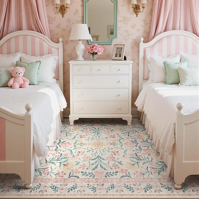 Wonnitar Pink Rugs for Nursery, 5x7 Washable Rug for Bedroom Girls, Boho Soft - Image 3