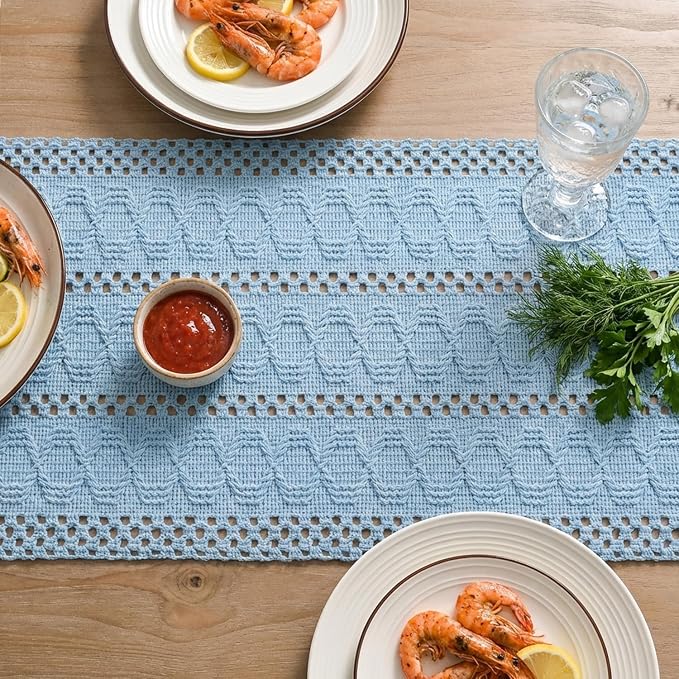 Artoid Mode Sky Blue Woven Farmhouse Hollow Table Runner 12x72 Inch | Holiday - Image 4