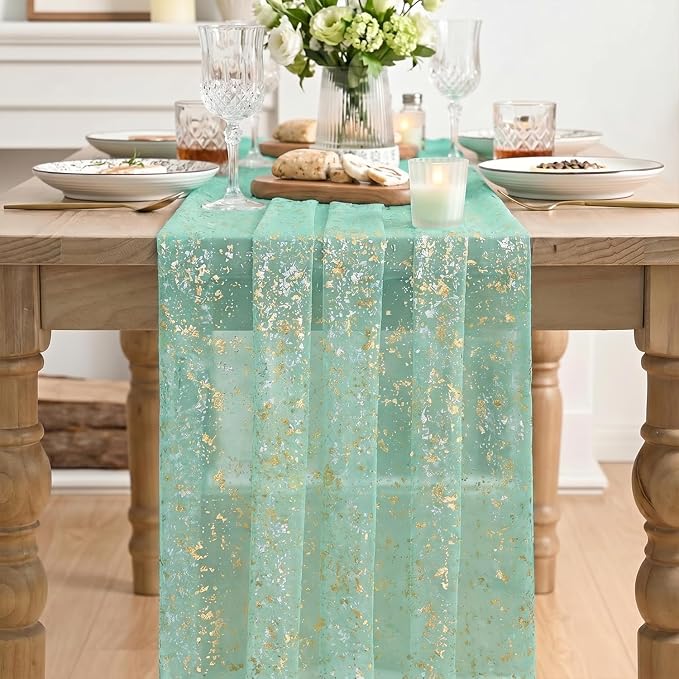 Artoid Mode 6Pcs Turquoise Gauze Gold Table Runner 10FT, Glitter Metallic Foil - Image 2