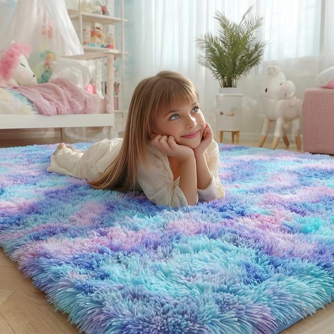 PAGISOFE Furry Rainbow Rugs for Bedroom Girls, 2x3 Soft Purple Shag Tent Rugs - Image 2