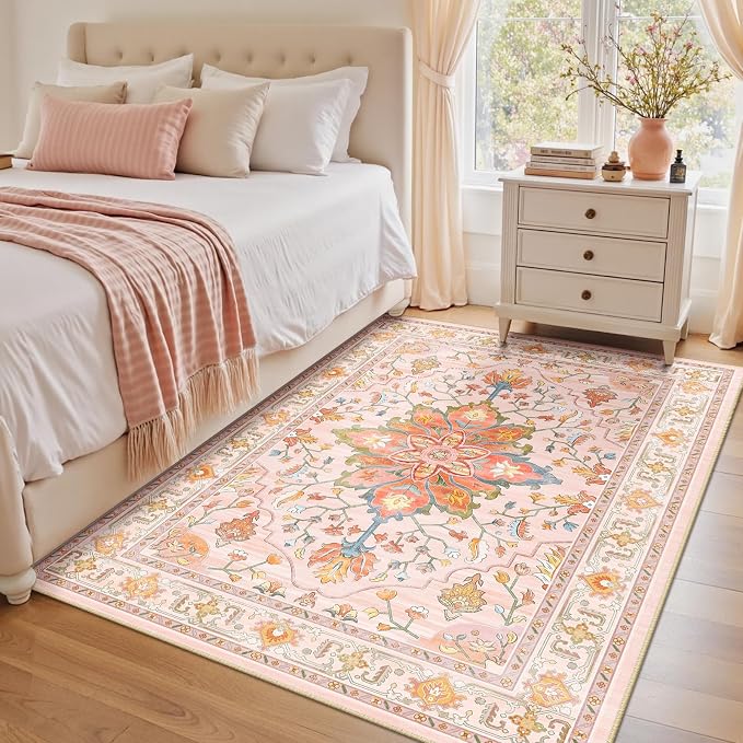 RELEANY Area Rugs 4'x6' Washable Non-Slip, Floral Vintage Distress Medallion - Image 2