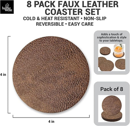 Set of 8 Morgan Faux Leather 4 Inch Round Coasters, Heat & Water Absorbent - Image 2