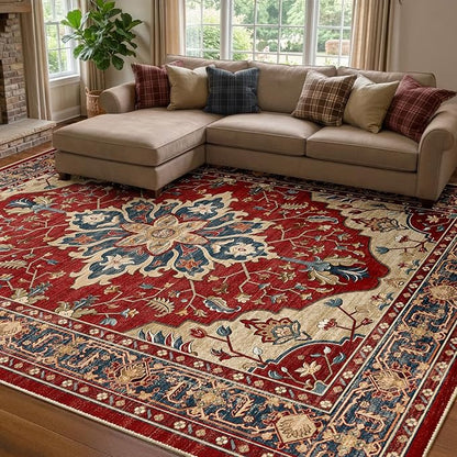 RELEANY Area Rugs 7'x9' Washable Non-Slip, Floral Vintage Distress Medallion by RELEANY