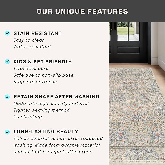 Hazo Haus Beige Blue Washable 2'6"x10' Wide Hallway Runners, Kitchen Runner Rug - Image 7