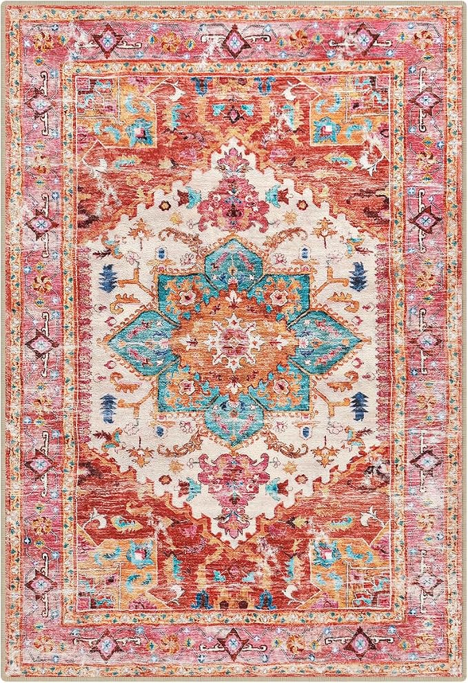 Yamaziot Washable Area Rug, 4x6 Non-Slip Boho Vintage Living Room Bedroom Rug - Image 3