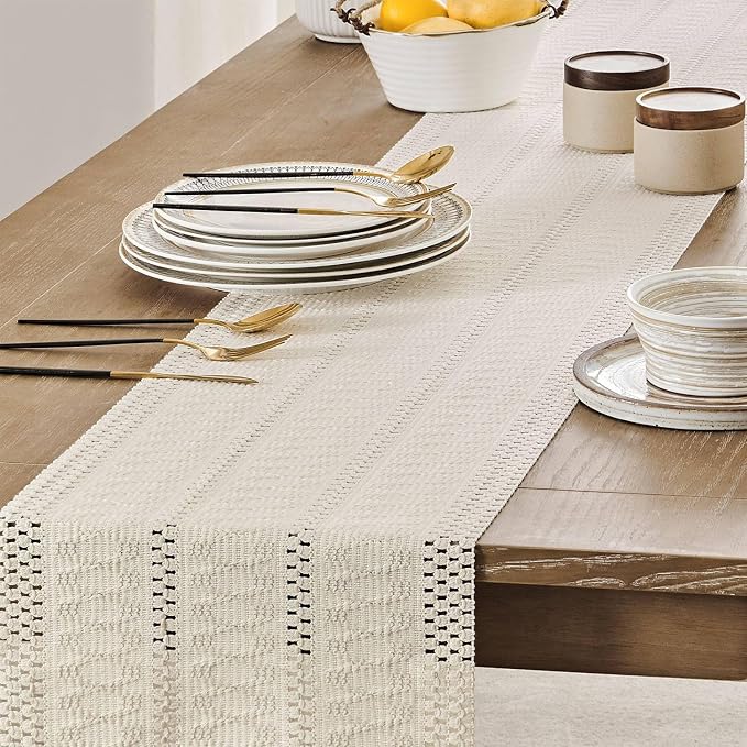 Macrame Style Boho Table Runner, 12x72 Inch Ivory | Woven Boho Table Runner - Image 5