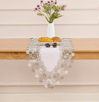 White Beige Floral Lace Table Runner Dresser Scarf | Floral Lace Border - Image 2