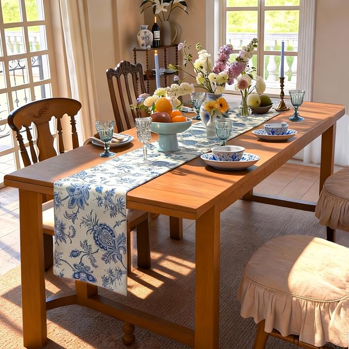 Waterproof Blue Table Runner 12x60 Inch | Cotton Polyester Seasonal Spring - Image 2