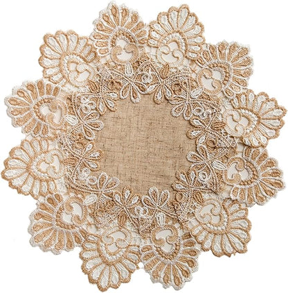 European Antique Jacquard Lace Table Doilies, Small Farmhouse Linen Embroidered by VIRFONOR