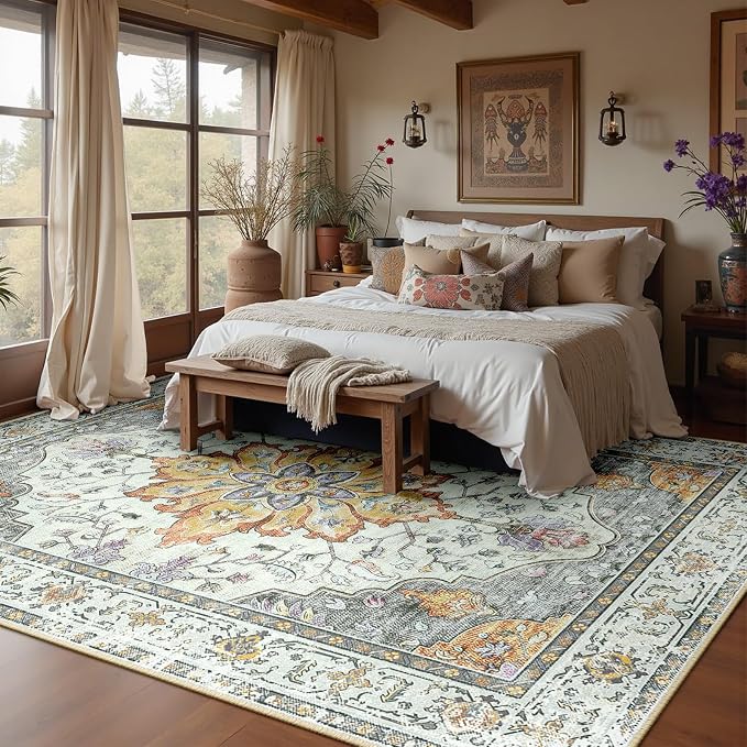RELEANY Area Rugs 7'x9' Washable Non-Slip, Floral Vintage Distress Medallion by RELEANY