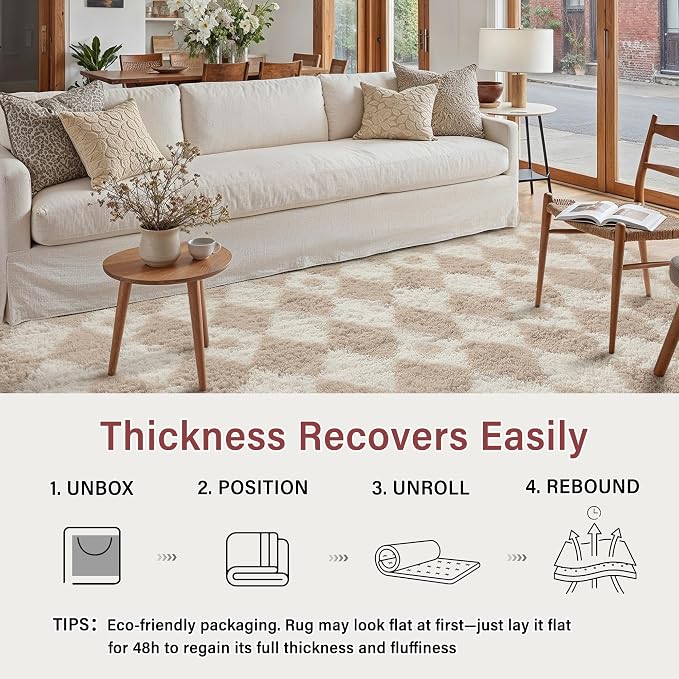 PureCozy Checkered Rug 5x8 Fluffy Shag Living Room Beige Area Rug Modern - Image 7