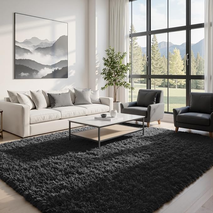 5x7 Area Rugs for Living Room: Ultra Soft Fluffy Shag Black Rug for Bedroom - Image 2