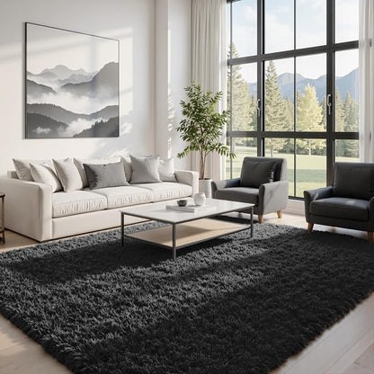 5x7 Area Rugs for Living Room: Ultra Soft Fluffy Shag Black Rug for Bedroom - Image 2