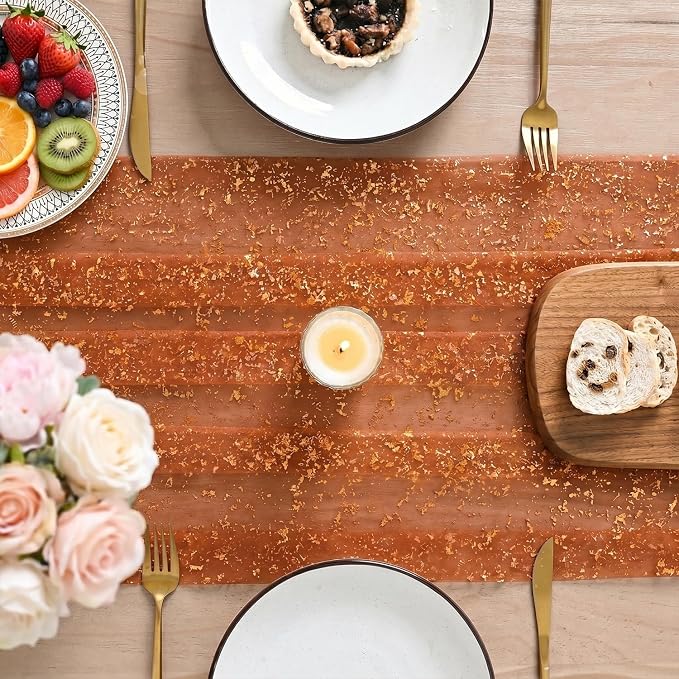 Artoid Mode 6PCS Caramel Gauze Gold Table Runner 120 Inch 10FT, Glitter - Image 7