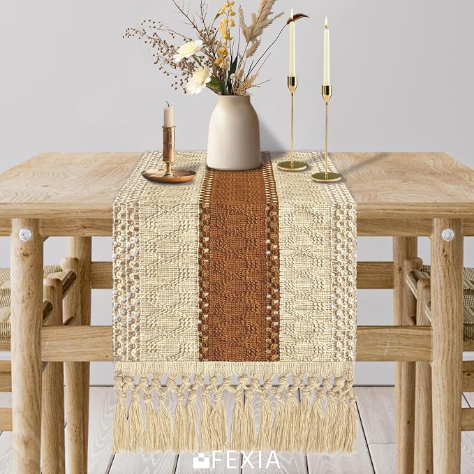 Boho Table Runner for Home Decor 12x90 Fall Coffee Table Decor Caramel | 90 - Image 6