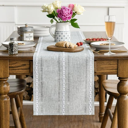 Artoid Mode Grey Rustic Cotton Linen Table Runner, Seasonal Embroidered Hollow - Image 3