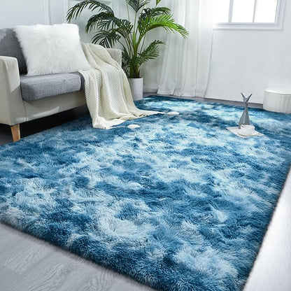 FlyDOIT Large Area Rugs for Living Room, 4x6 Feet Tie-Dyed Dark Blue Shaggy Rug by FlyDOIT