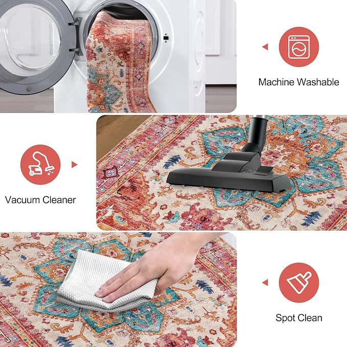 Yamaziot Washable Area Rug for Bedroom, 3x5 Non-Slip Boho Vintage Living Room - Image 4