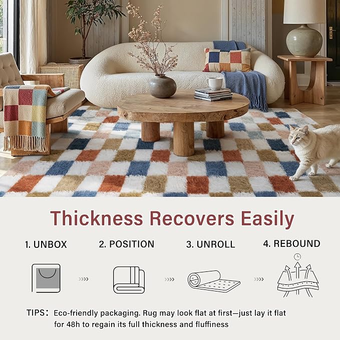 PureCozy Checkered Rug 9x12 for Living Room, Modern Rainbown Shag Rug Washable - Image 6