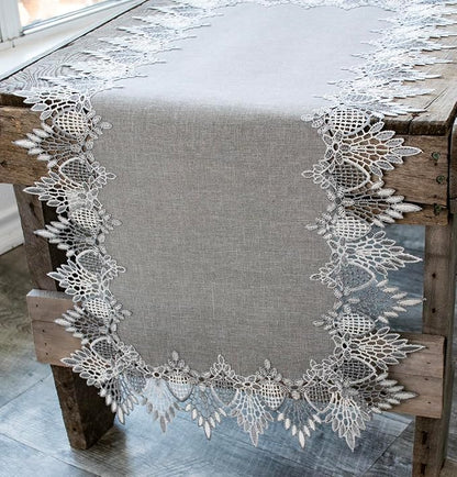 Lace Runner Earth Tone Silver Lace on Silver Fabric Table Runners, Dresser Scarf - Image 4