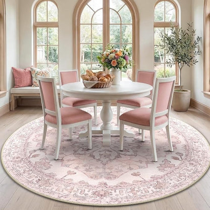 RELEANY Area Rugs Round 7ft Washable Non-Slip, Floral Vintage Distress by RELEANY