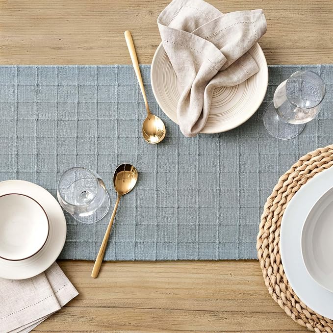 Artisanal Grid Linen Table Runner, 13x60 Inches Chambray | Heavy Textured - Image 5