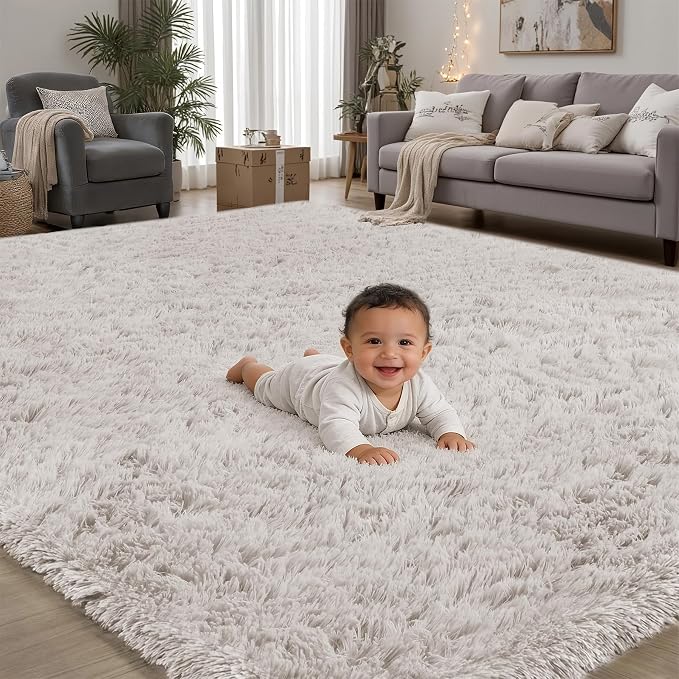 Area Rug for Living Room Bedroom: 6x9 White Soft Fluffy Shag Upgrade Non-Slip by PLHXFRSoftAreaRugs