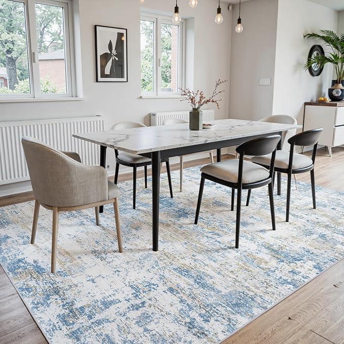 Area Rug 6x9 Living Room Rug Washable: No-Slip Abstract Soft Thin Large Blue - Image 5