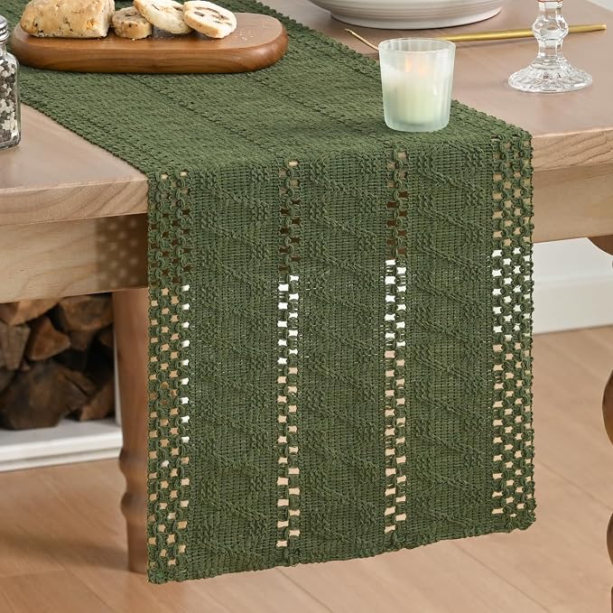 Artoid Mode Army Green Woven Farmhouse Hollow Table Runner 12x90 Inch | Holiday - Image 2