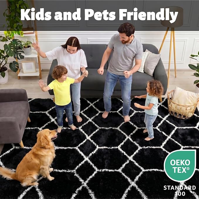 ONASAR 7x9 Area Rugs for Living Room Bedroom, Large Fluffy Black and White - Image 3