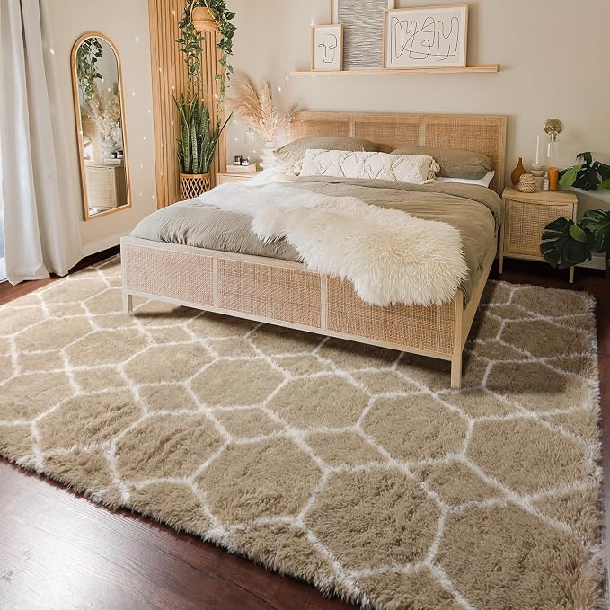 ONASAR 5x7 Area Rugs for Living Room Bedroom, Fluffy Beige and White Shag Rug - Image 5