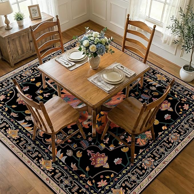 RELEANY Area Rugs Square 7ft Washable Non-Slip, Floral Vintage Distress by RELEANY