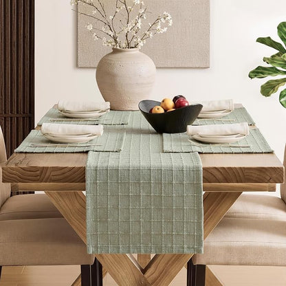 Artisanal Grid Linen Table Runner, 13x48 Inches Seeding Green | Heavy Textured - Image 4