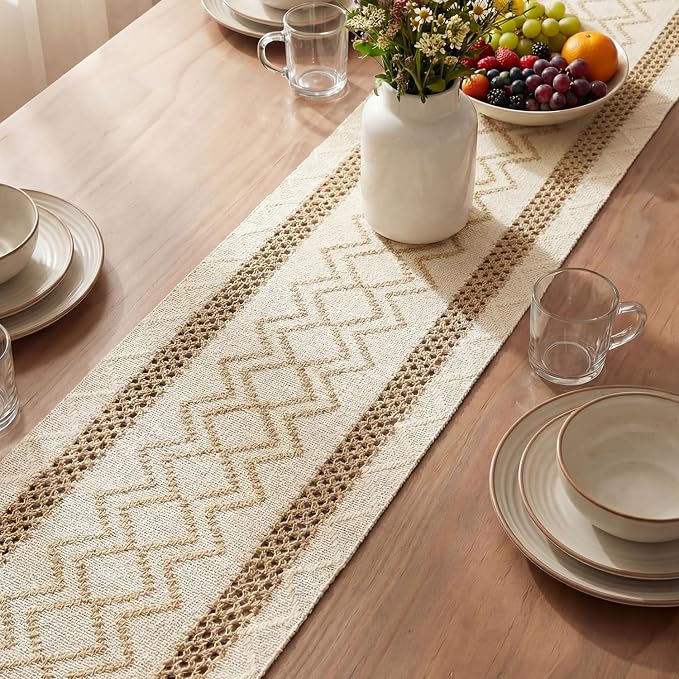 Artoid Mode Burlap Brown Stripe Diamond Woven Table Runner 12x36 Inch | Holiday - Image 3