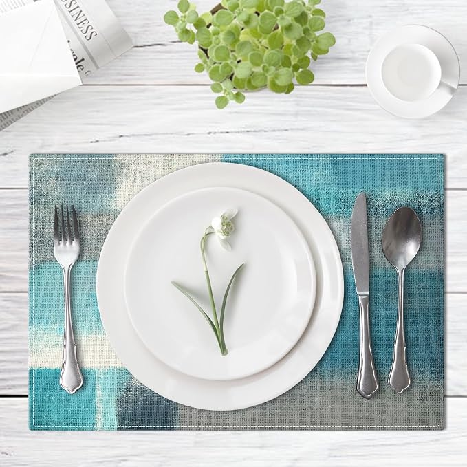 Emvency Farmhouse Placemats Set of 4, 12x18 Inch, Teal and Grey | Abstract Art - Image 4