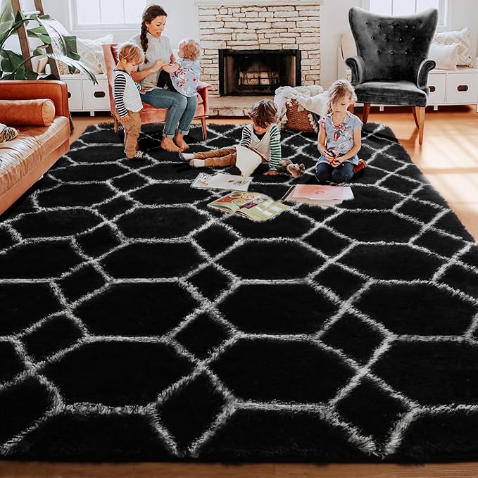ONASAR 7x9 Area Rugs for Living Room Bedroom, Large Fluffy Black and White - Image 8