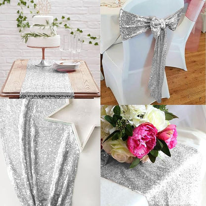 12 Packs 12 X 108 Inch Silver Sequin Table Runner Glitter Dining Table Runner - Image 7