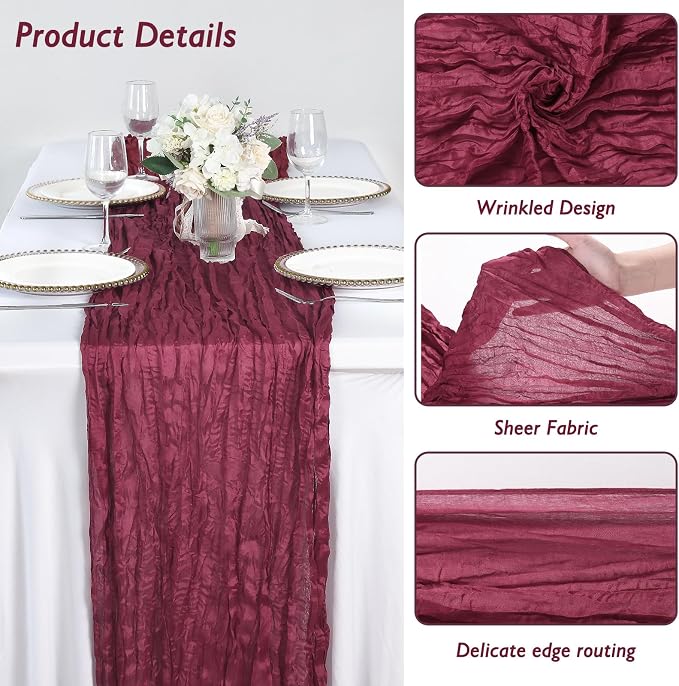 12 Pack Burgundy Red Cheesecloth Table Runner 120 Inch Boho Wedding Decor | - Image 3