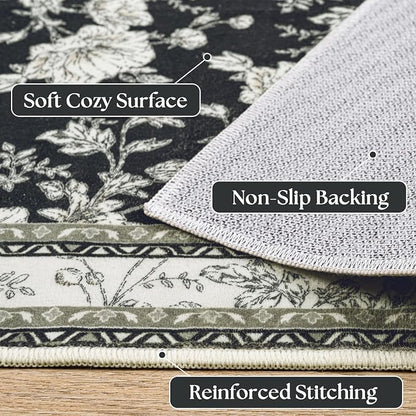 Black Floral Area Rugs 6x9 Living Room, Vintage Modern Farmhouse Boho Indoor - Image 3