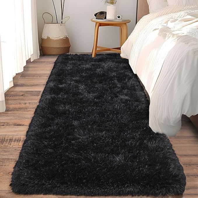 Soft Runner Rugs for Bedroom Hallways, 2x5 Black Fluffy Shag Throw Area Rug Non by Ailyei