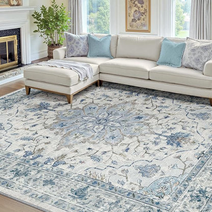 RELEANY Area Rugs 8'x10' Washable Non-Slip, Floral Vintage Distress Medallion by RELEANY