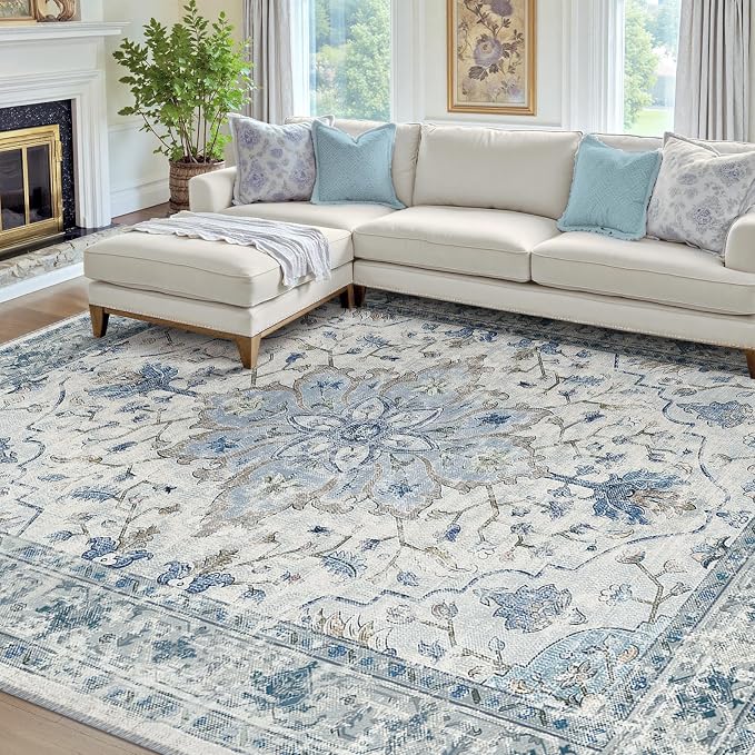 RELEANY Area Rugs 7'x9' Washable Non-Slip, Floral Vintage Distress Medallion - Image 2