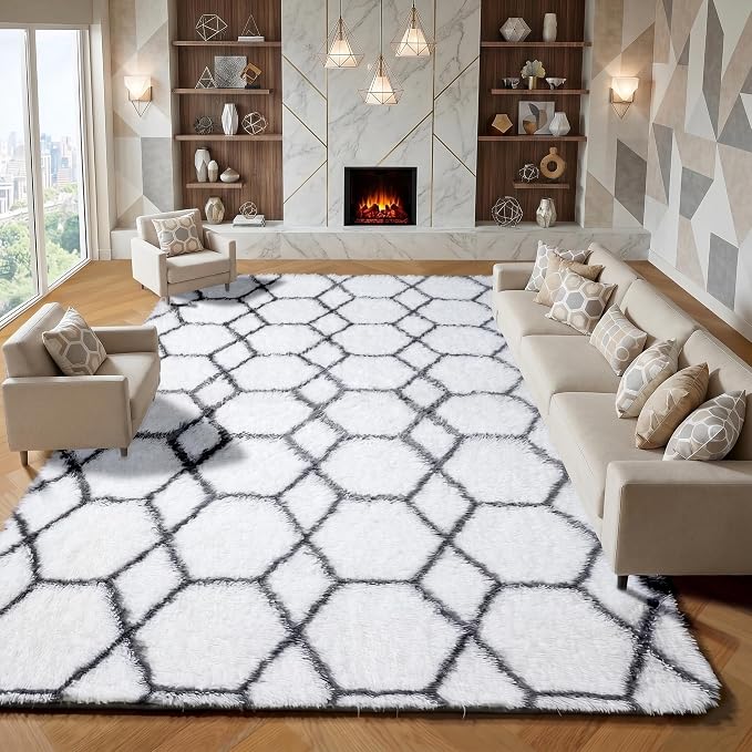 ONASAR Area Rugs for Living Room, 7x10 Fluffy White and Grey Rug for Bedroom by ONASAR