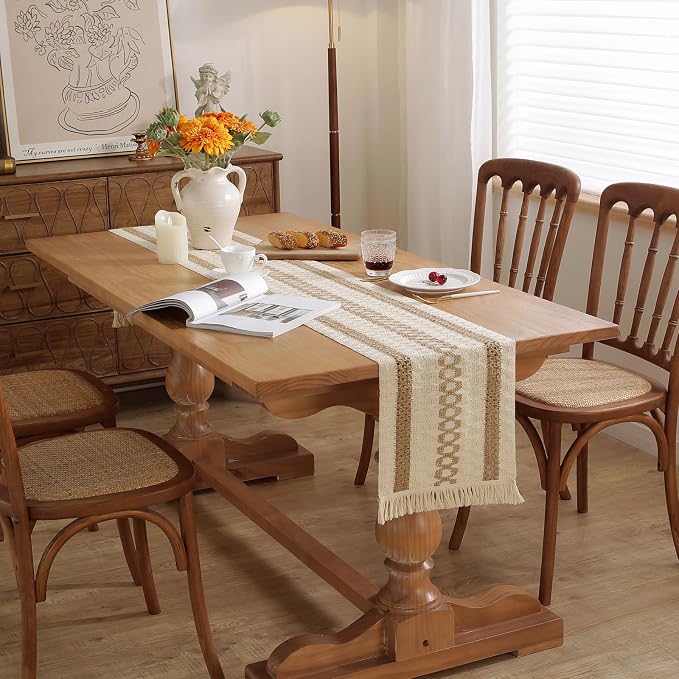 Boho Table Runner with Tassels 12 x 48 Inches Long, Cream & Brown Rustic - Image 3