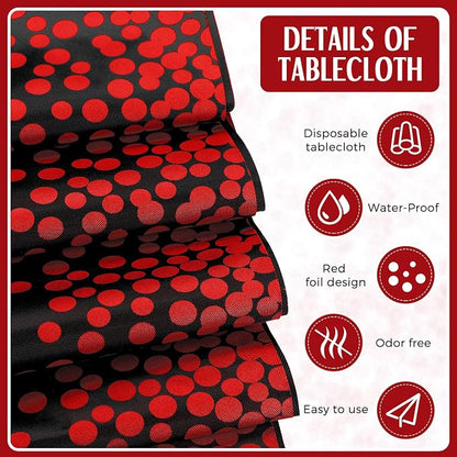 8 Pack Black and Red Disposable Plastic Tablecloths and Satin Table Runner Set - Image 3