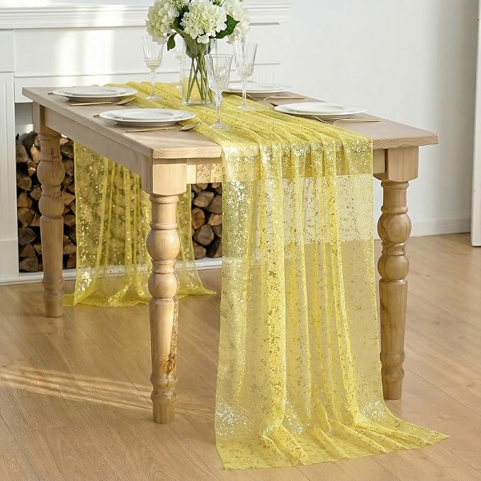 Artoid Mode Light Yellow Gold Gauze Table Runner 59x120 Inch 10FT, Glitter - Image 5
