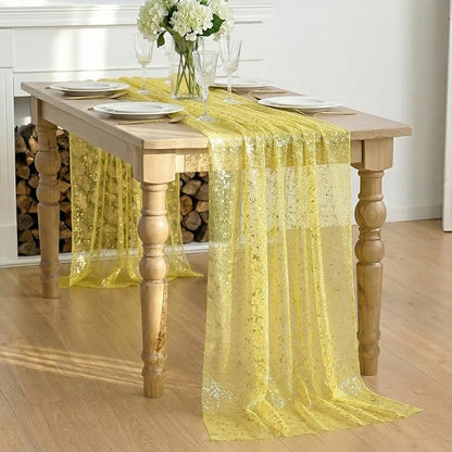 Artoid Mode Light Yellow Gold Gauze Table Runner 59x120 Inch 10FT, Glitter - Image 5